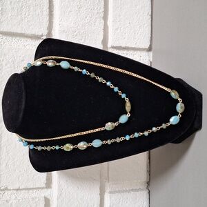 Elegant Long Blue and Gold  Beaded Necklace.